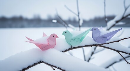Pastel Origami Birds on Snowy Branch - Winter Still Life.