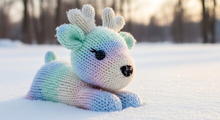 Pastel Knitted Reindeer Toy Resting in Winter Snow.