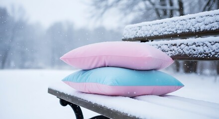 Pastel Pillows on a Snow-Covered Bench in Winter.