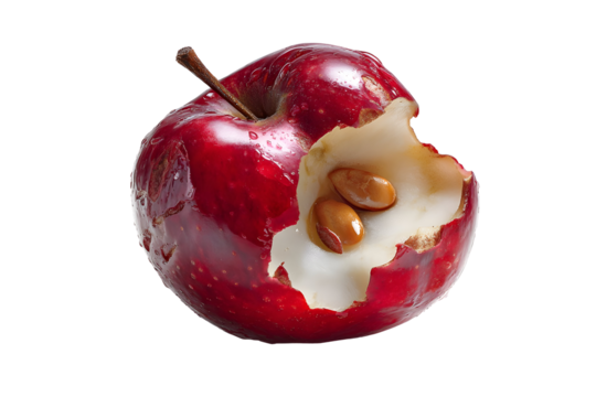 Close-up of red apple with bite revealing seeds on black background