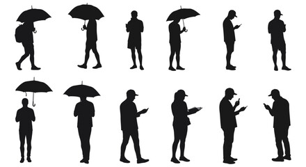 silhouettes of people using phones and holding umbrellas walking outdoors in the city depicting urban lifestyle and connectivity
