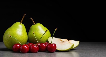 A vibrant collection of fresh, ripe cherries and juicy, green pears, artfully arranged to showcase nature's sweet bounty ,summer ,healthy lifestyle ,still life