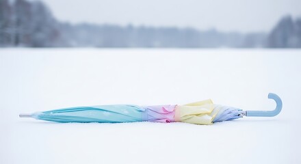 Pastel Umbrella Resting on Snowy Landscape in Winter.