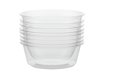 A precise, horizontal stack of pristine, clear pet disposable food-service bowls, flawlessly nested, highlighting geometric structure against brilliant infinite white background. concept of