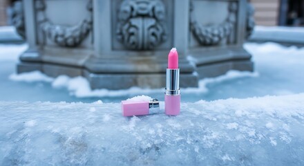 Pink Lipstick on Icy Fountain - A Beauty Product in Winter.