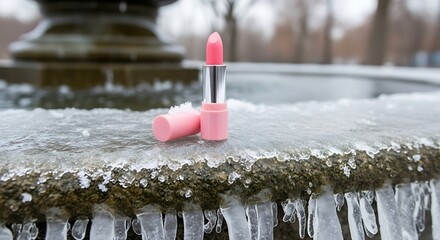 Pink Lipstick on Icy Fountain - A Winter Beauty Still Life.
