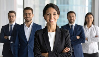 Confident diverse professional team stands looking towards the camera