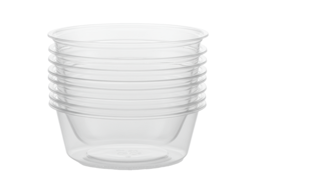 A precise, horizontal stack of pristine, clear pet disposable food-service bowls, flawlessly nested, highlighting geometric structure against brilliant infinite white background. concept of