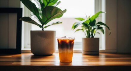Refreshing iced coffee cocktail with layers of espresso and orange juice. Summer beverage menu concept for a modern cafe. Minimalist lifestyle scene with natural light and plants