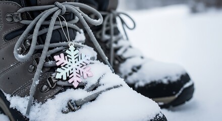 Snowy Boots with Snowflake Ornament - A Winter Wonderland Scene.