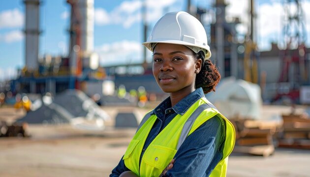 Confident female engineer on site, arms crossed, background factory - Powered by Adobe