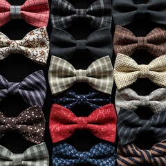 A vibrant collection of meticulously arranged bowtie bows in various colors and patterns, showcasing elegance and sophisticated accessory options ,purple ,blue ,yellow