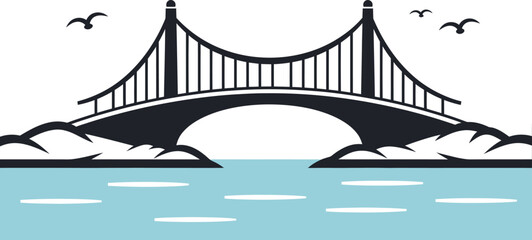 Simple Graphic of Black Bridge over Light Blue Water with Birds in White Sky