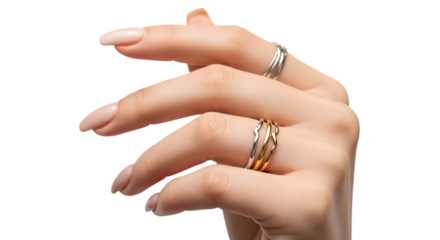 Elegant Woman's Hand with Rings on White Background