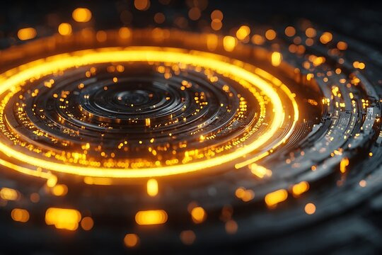 Dynamic abstract digital circuit glowing with vibrant orange energy, symbolizing innovation and complex technology in a futuristic concept