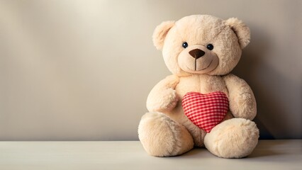 Fototapeta premium A Fluffy Beige Teddy Bear Holding a Red and White Striped Heart Against a Softly Lit Neutral Background