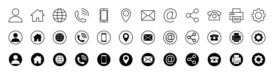 Contact information icon set. Silhouette and outline circle style. Vector illustration.