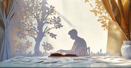 Fototapeta premium Papercraft scene depicts boy reading book near window. Light shines through cutouts creating tree silhouette. Cozy, peaceful ambiance.