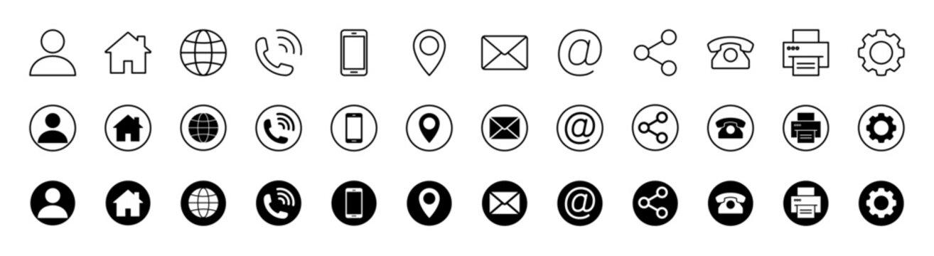 Contact information icon set. Silhouette and outline circle style. Vector illustration.