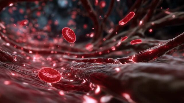 Anatomically accurate artery interior filled with red blood cells in motion, depth and shadow giving sense of 3D space, ideal for biology learning