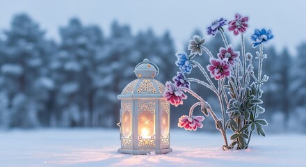Winter Still Life - Lantern, Frosted Flowers, and Snowy Forest.
