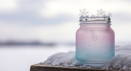 Winters Embrace - Frosted Jar with Snowflakes on Snowy Surface.