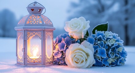 Winters Glow - Lantern and Floral Arrangement in Snowy Landscape.
