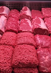 A vibrant display of various raw beef cuts, including steaks, roasts, and ground beef, neatly arranged in a chilled market counter ,grocery ,neatly ,fresh