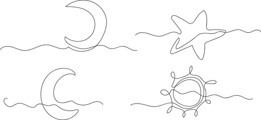 Sun, moon and star symbols. Continuous line drawing