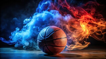 Fiery red and blue smoke swirling around a basketball amidst a darkened court