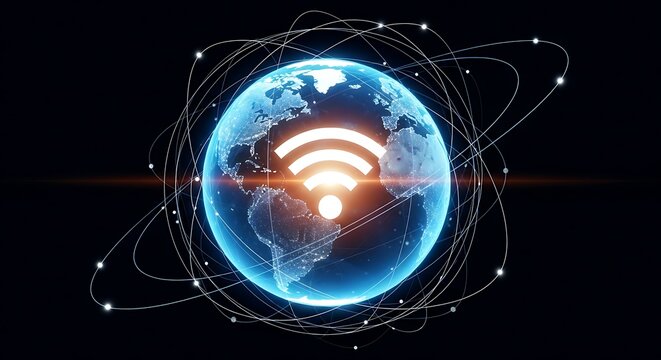 Global connectivity with a glowing earth and wifi symbol, representing seamless international communication and digital transformation for tech companies now
