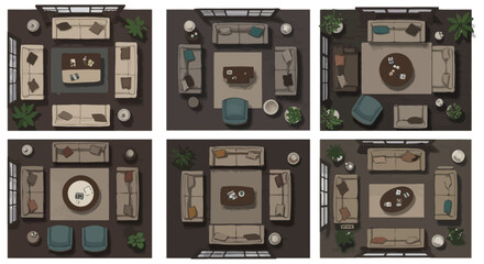 Obraz premium living room layout design showcasing furniture arrangement ideas for modern home decor and interior planning ideal for architectural design and visualization.