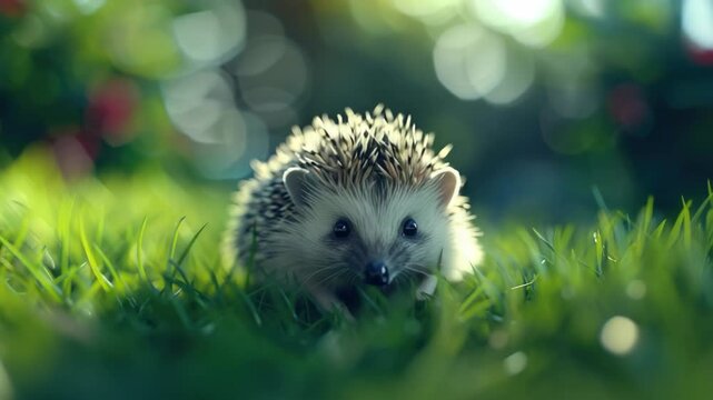 A cute hedgehog sits on a grassy lawn.