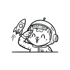 Astronaut Cat Saluting a Rocket A Whimsical Journey to the Stars in Black and White