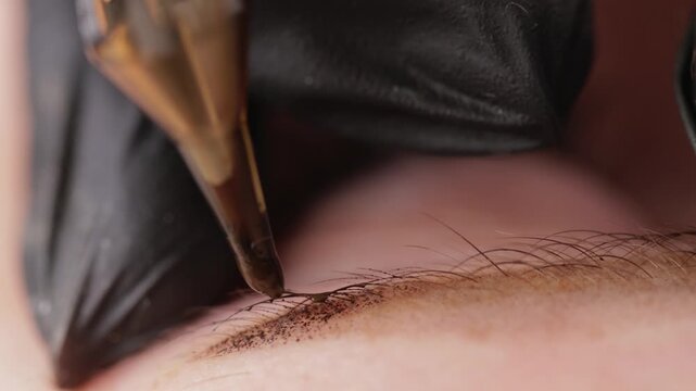 Macro of process eyebrow microblading on female client's face by professional artist, permanent concept.