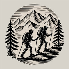 People hiking logo engraving style design template vintage