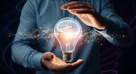 Brilliant human brain glowing inside lightbulb, symbolizing innovation and bright ideas, protected by caring hands and connected network