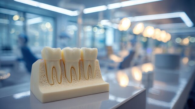 Dental Model Displayed in Modern Clinic with Bright Lighting, Illustrating Tooth Structure for Educational Purposes in Dental Professionals' Environment - Powered by Adobe