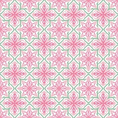 Seamless floral geometric pattern in pink and green colors, elegant decorative design inspired by vintage tiles and botanical motifs, perfect for fabric, wallpaper, and wrapping paper. 