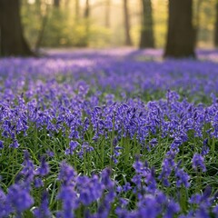 A vibrant field of wild bluebells creating a stunning carpet of spring color under the soft light of the early morning sun ,park ,plant ,fresh