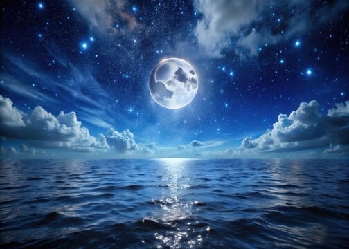 A dark ocean at night with a full moon illuminating its surface