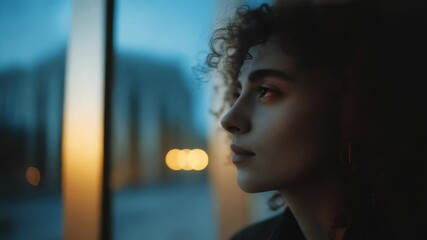A pensive young woman looks outside through a glass window, her face softly lit by urban lights. The blurred cityscape and gentle glow evoke feelings of contemplation and serenity