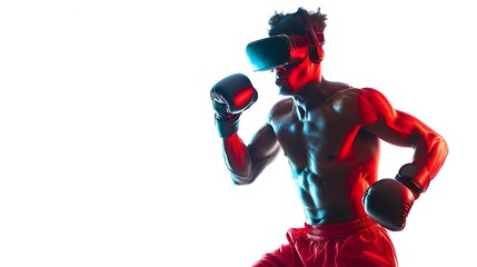 Man boxing with vr headset and gloves under bright lights in a white background studio setting