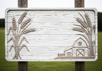 A blank antique market sign carved from wood with a classic white distressed finish, featuring wheat sheaves and a rustic farm barn