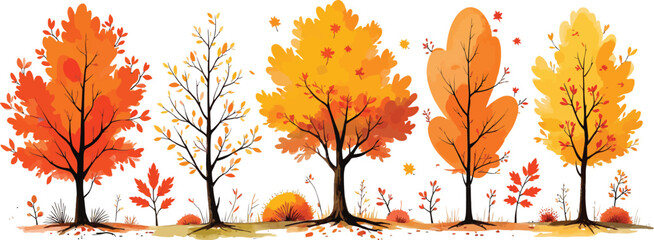 Colorful autumn trees in a row with vibrant falling leaves illustration