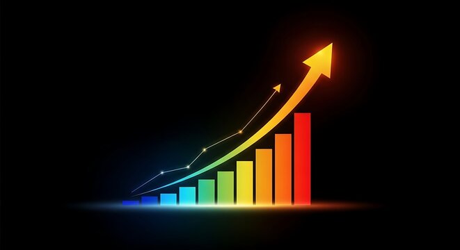 Stunning upward trending bar graph with vibrant rainbow colors and a dynamic golden arrow signifies financial growth and success