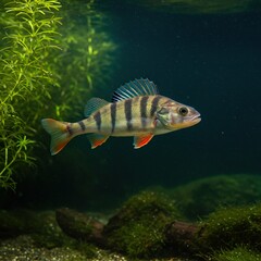 A vibrant freshwater perch, distinctively striped, floats in serene isolation within its aquatic habitat, a solitary aquatic creature ,pond fish ,side view ,distinctive