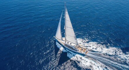 Fototapeta premium Luxury sailing yacht from an aerial perspective. High speed cruising on the open sea. Exclusive maritime lifestyle and travel concept. Summer regatta and adventure vacation