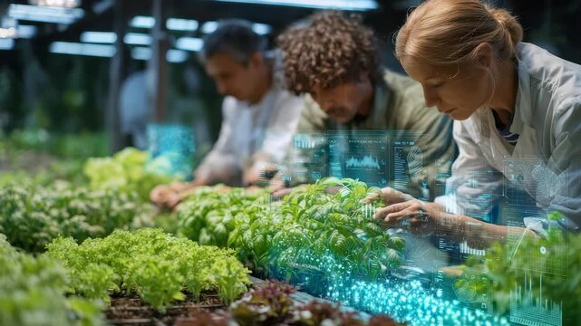Researchers in lab coats examine leafy greens in futuristic greenhouse, surrounded by digital data overlays. Precision agriculture, modern technology enable efficient, eco friendly farming solutions