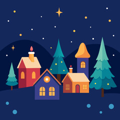 Fototapeta premium Charming winter village scene with festive trees and starry night sky isolated on black background